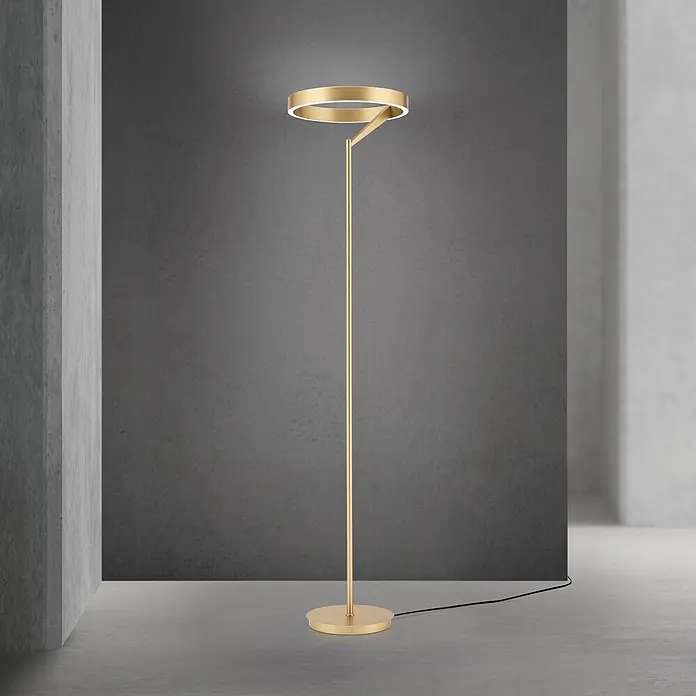 Orion Leuchten LED-Stehleuchte - 40 W, Höhe: 180 cm - Moderne goldfarbene Stehleuchte mit schlankem Stiel und beleuchtetem, kreisförmigem LED-Kopf.