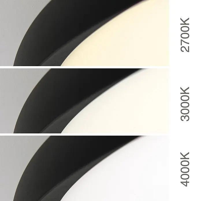Orion Leuchten LED-Deckenleuchte rund -  - Nahaufnahme einer dunklen, gebogenen Leuchte, die warmweißes (2700K), weiches (3000K) und neutralweißes (4000K) Licht zeigt.