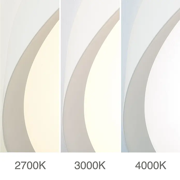 Orion Leuchten LED-Deckenleuchte rund -  - Drei Paneele zeigen verschiedene Lichtfarbtemperaturen: 2700K (warm), 3000K (neutral), 4000K (kühl).