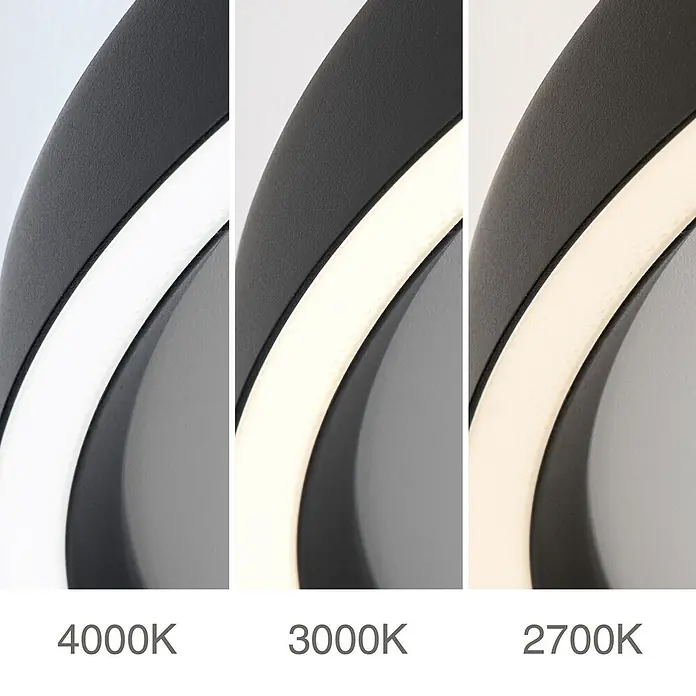 Orion Leuchten LED-Deckenleuchte rund -  - Gebogene dunkelgraue Leuchte präsentiert kühles Weiß (4000K), Neutral (3000K) und warmweißes (2700K) Licht.