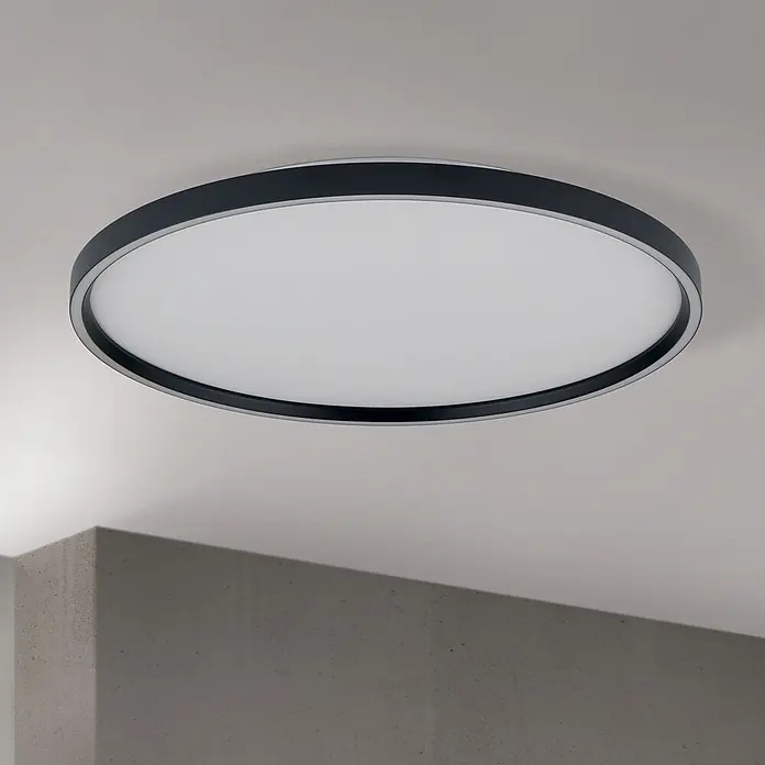 Orion Leuchten LED-Deckenleuchte rund -  - Runde, schwarz gerahmte LED-Deckenleuchte mit weißem Diffusor, an der Decke montiert.