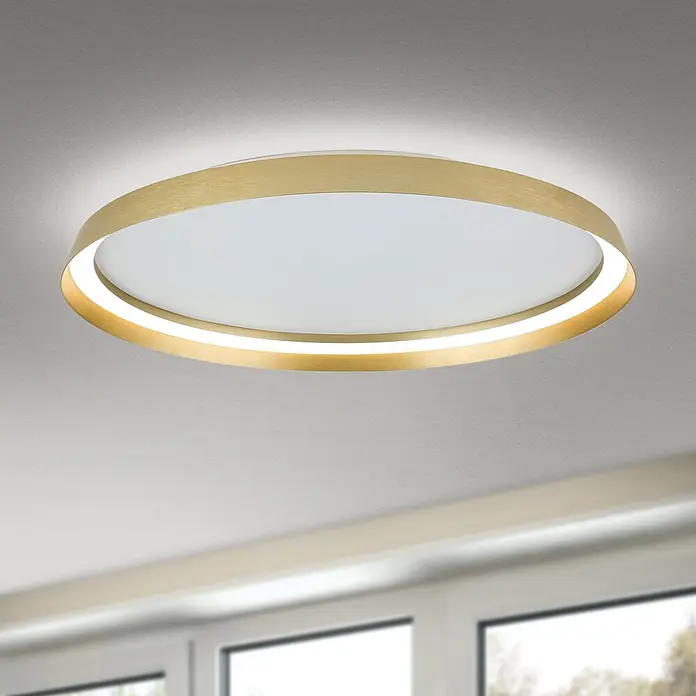 Orion Leuchten LED-Deckenleuchte rund -  - Runde, goldfarbene LED-Deckenleuchte mit beleuchtetem Innenring, der einen sanften Up-Light-Effekt an die Decke wirft.