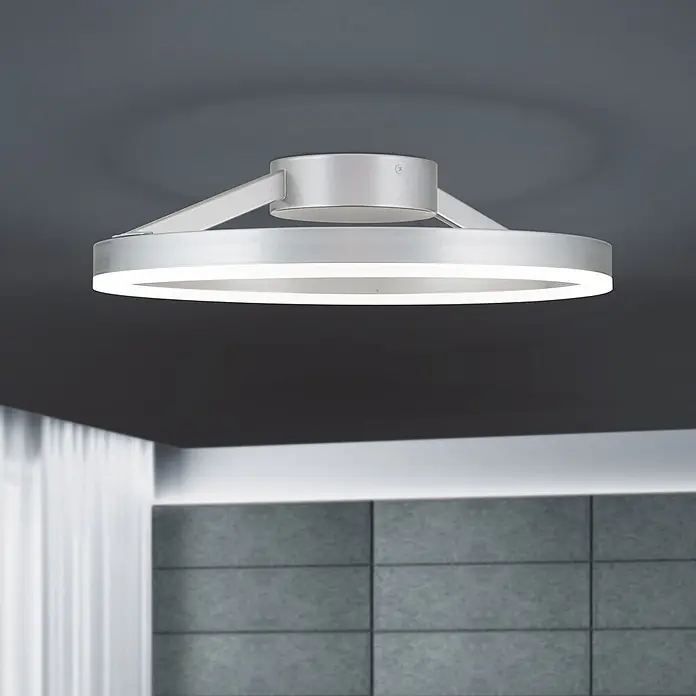 Orion Leuchten LED-Deckenleuchte rund -  - Moderne, runde LED-Deckenleuchte aus gebürstetem Silbermetall, die einen Raum beleuchtet.