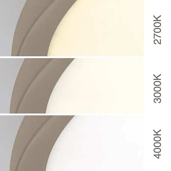 Orion Leuchten LED-Deckenleuchte rund -  - Runde Leuchte mit taupefarbenem Rand, zeigt Licht bei 2700K, 3000K und 4000K Farbtemperaturen.
