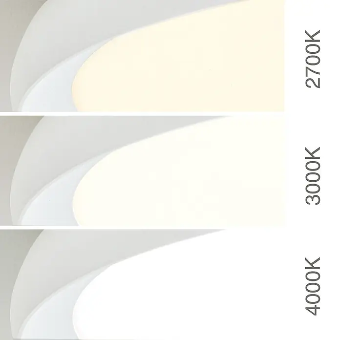 Orion Leuchten LED-Deckenleuchte rund -  - Weiße, gebogene Leuchte, die 2700K, 3000K und 4000K Lichtfarben von warmweiß bis neutralweiß zeigt.