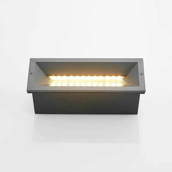 Lucande Außenwandleuchte Jaano - schwarz, IP65 - Rechteckige, graue Einbau-LED-Wandleuchte mit warmem Licht aus einer Reihe eingebetteter LEDs.