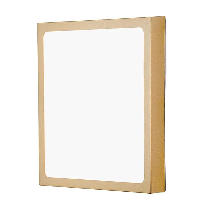 Orion Leuchten LED-Deckenleuchte rund -  - Rechteckige gold-bronzene Leuchte mit beleuchteter weißer Fläche, von der Seite gesehen.
