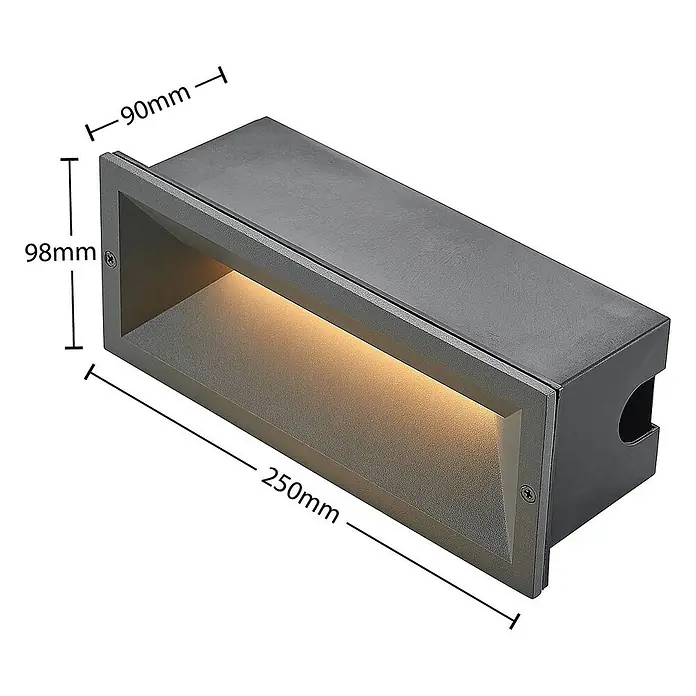 Lucande Außenwandleuchte Jaano - schwarz, IP65 - Rechteckige, anthrazitfarbene Einbauleuchte (250x98x90mm) mit warmem LED-Licht, abwärts strahlend.