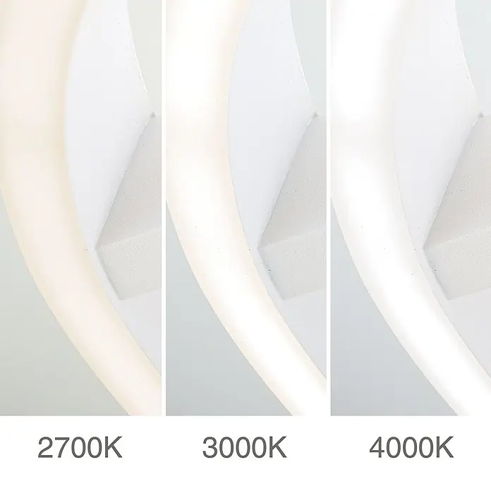 Orion Leuchten LED-Deckenleuchte rund -  - Drei Ansichten einer weißen runden Leuchte mit warmweißem (2700K), neutralweißem (3000K) und kaltweißem (4000K) Licht.