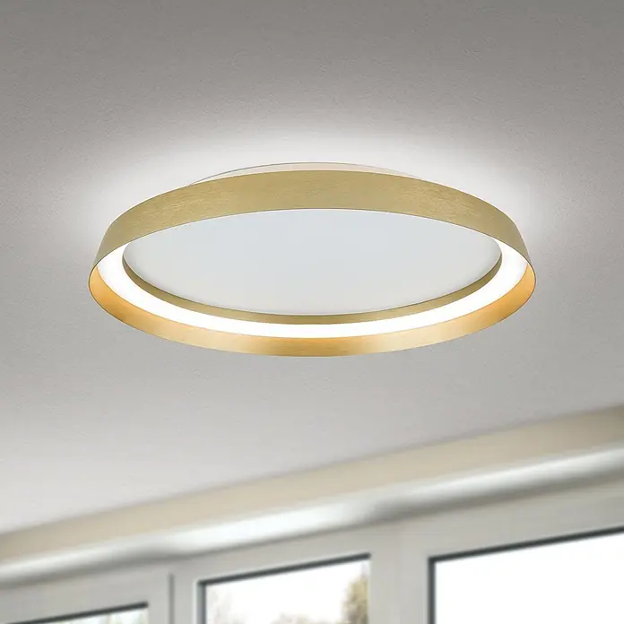Orion Leuchten LED-Deckenleuchte rund -  - Runde Deckenleuchte aus gebürstetem Gold mit weißem Diffusor, beleuchtet Decke und Raum.