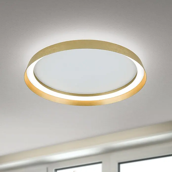 Orion Leuchten LED-Deckenleuchte rund -  - Goldene runde LED-Deckenleuchte mit weißem Diffusor, leuchtend.