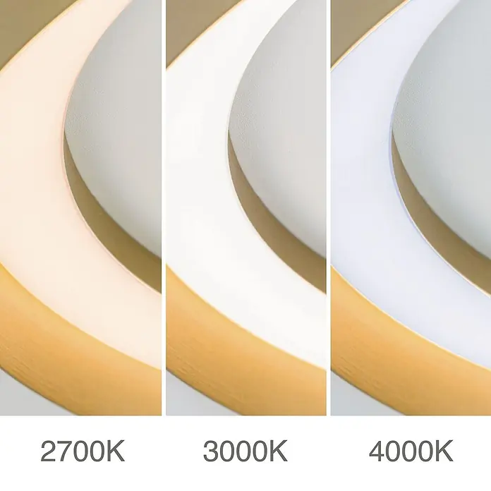 Orion Leuchten LED-Deckenleuchte rund -  - Gewölbte Leuchte mit Metallfuß und weißem Diffusor, zeigt Lichtfarben 2700K (warm), 3000K (neutral) und 4000K (kühl).