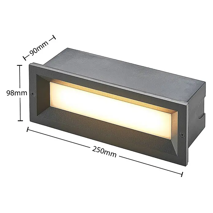 Lucande Außenwandleuchte Lachlain - alu / grau / zink, IP65 - Dunkelgraue rechteckige Außenleuchte mit warmweiß leuchtendem Panel, 250x98x90mm.