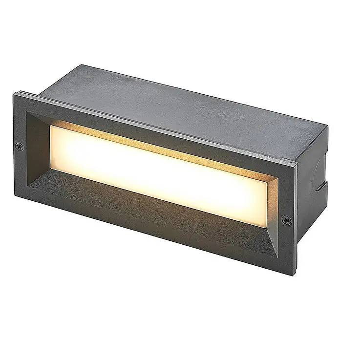 Lucande Außenwandleuchte Lachlain - alu / grau / zink, IP65 - Dunkelgraue rechteckige Einbauleuchte mit warmweiß leuchtendem Panel, geeignet für Wände oder Treppen.