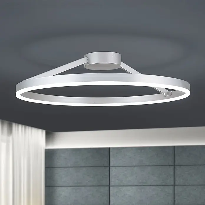 Orion Leuchten LED-Deckenleuchte rund -  - Moderne silberne kreisförmige LED-Deckenleuchte in einem zeitgenössischen Raum.