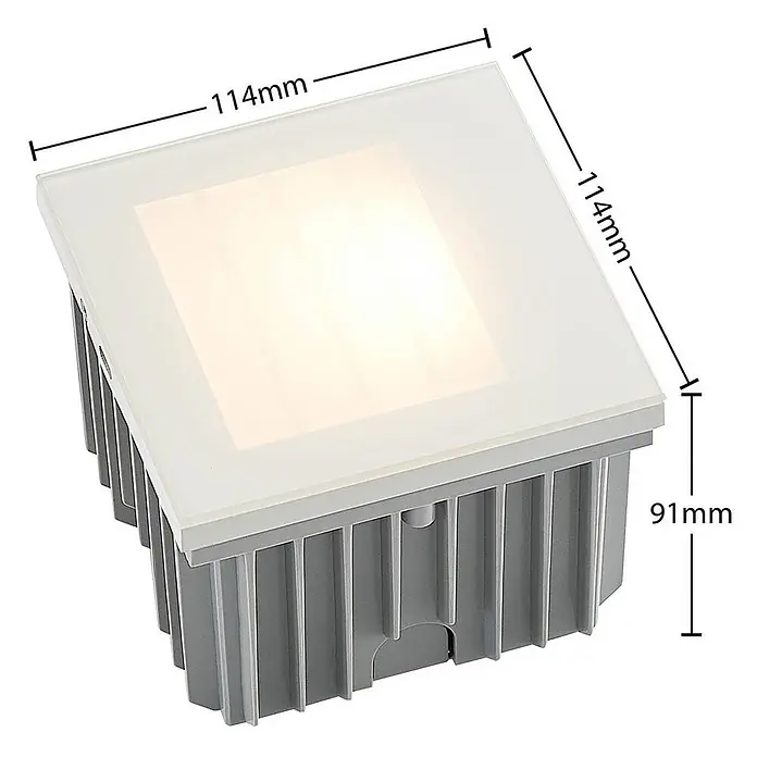 Arcchio Außenwandleuchte Zamo - weiß / opal, IP65 - Quadratische LED-Bodeneinbauleuchte mit Milchglasplatte und grauem Rippengehäuse, 114x114x91mm.