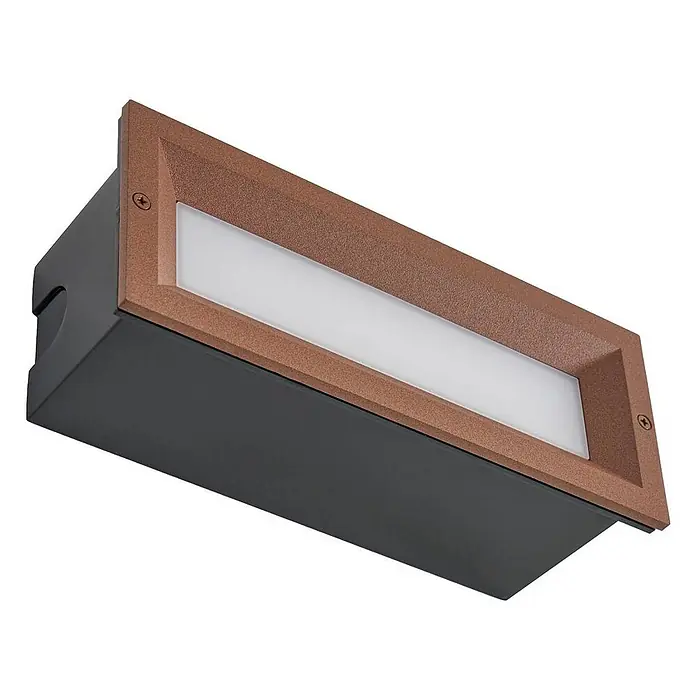 Lucande Außenwandleuchte Lachlain - braun / rost, IP65 - Rechteckige Einbauleuchte in Bronze mit dunkelgrauem Gehäuse und weißem Diffusor.