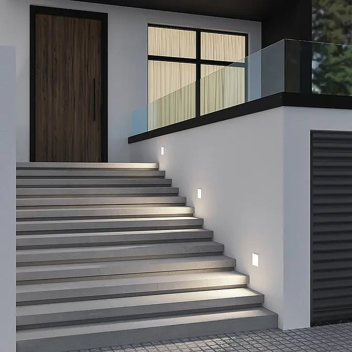 Arcchio Außenwandleuchte Zamo - weiß / opal, IP65 - Rechteckige Einbau-Wandleuchten beleuchten graue Außentreppen.