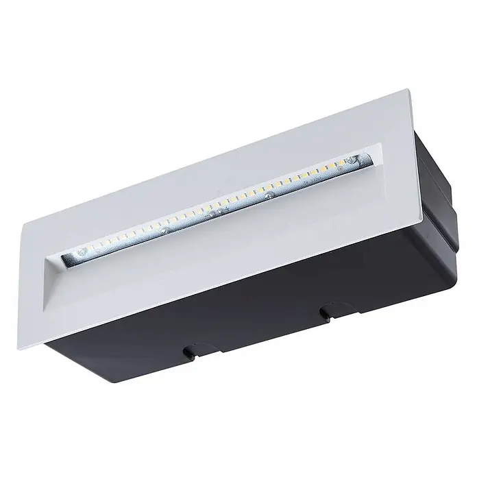 Lucande Außenwandleuchte Loya - weiß / opal, IP54 - Rechteckige, graue und schwarze LED-Einbauleuchte mit sichtbarem LED-Streifen.