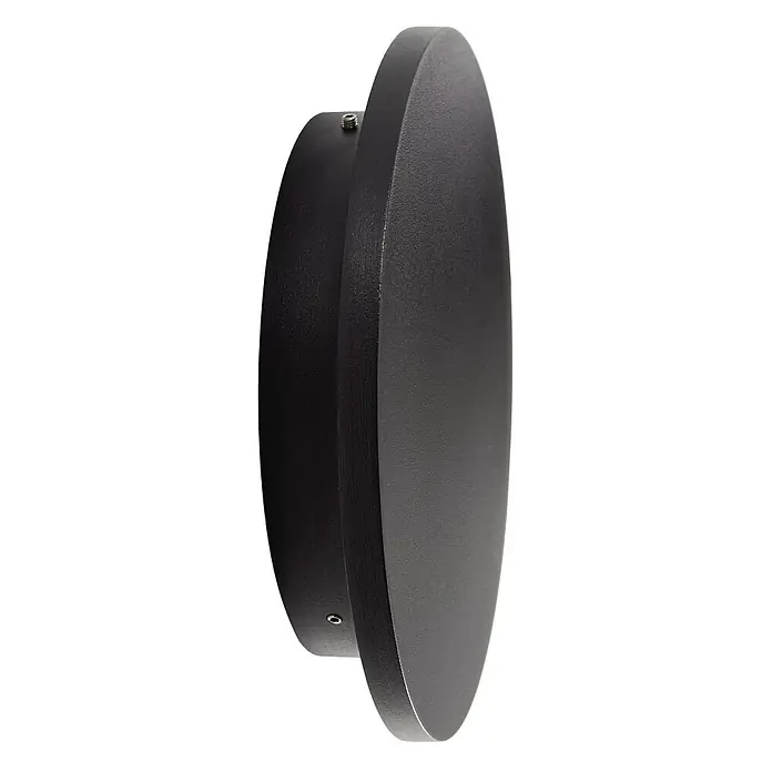 Lindby Außenwandleuchte Selinel - 5,3 x 23 x 23 cm, schwarz, schwarz, IP65 - Dunkelgraue, texturierte, kreisförmige Wandhalterung mit sichtbarer Schraube.