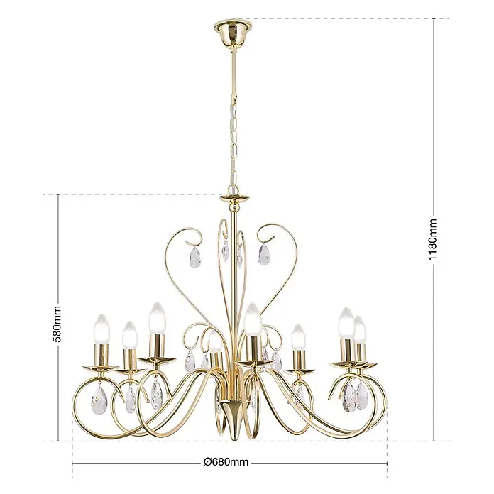 Orion Leuchten Kronleuchter - L x B x H: 68 x 68 x 58 cm, E14 - Goldfarbener Kronleuchter mit mehreren Armen, kerzenförmigen Glühbirnen und klaren Kristallakzenten, an einer Kette von der Decke hängend.