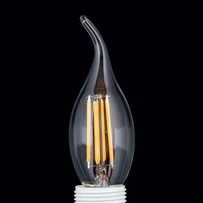 Orion Leuchten LED-Lampe - E14, Dimmbar, Warmweiß, 470 lm, 4,5 W - Klarglas-LED-Kerzenlampe mit gebogener Spitze, vier vertikalen gelben Filamenten und weißem Schraubsockel.