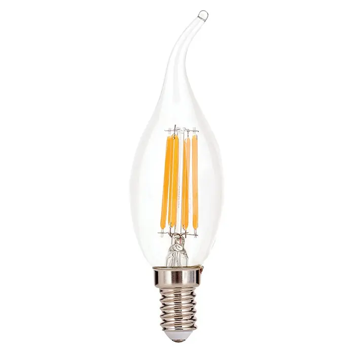 Orion Leuchten LED-Lampe - E14, Dimmbar, Warmweiß, 470 lm, 4,5 W - Klarglas-LED-Filamentlampe in geschwungener Kerzenform mit silbernem Schraubsockel.