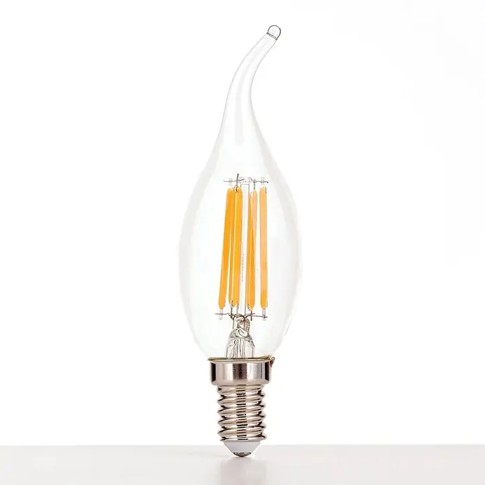 Orion Leuchten LED-Lampe - E14, Dimmbar, Warmweiß, 470 lm, 4,5 W - Klare LED-Glühbirne aus Glas, kerzenflammenförmig mit gebogener Spitze, orangefarbene Filamente, silberner Schraubsockel.