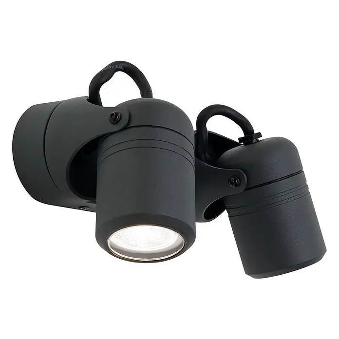 Orion Leuchten Außenwandleuchte - 20,5 x 6,5 x 16 cm, IP44 - Zwei verstellbare schwarze LED-Metallstrahler mit strukturierter Oberfläche, verbunden durch eine Halterung, einer leuchtet.