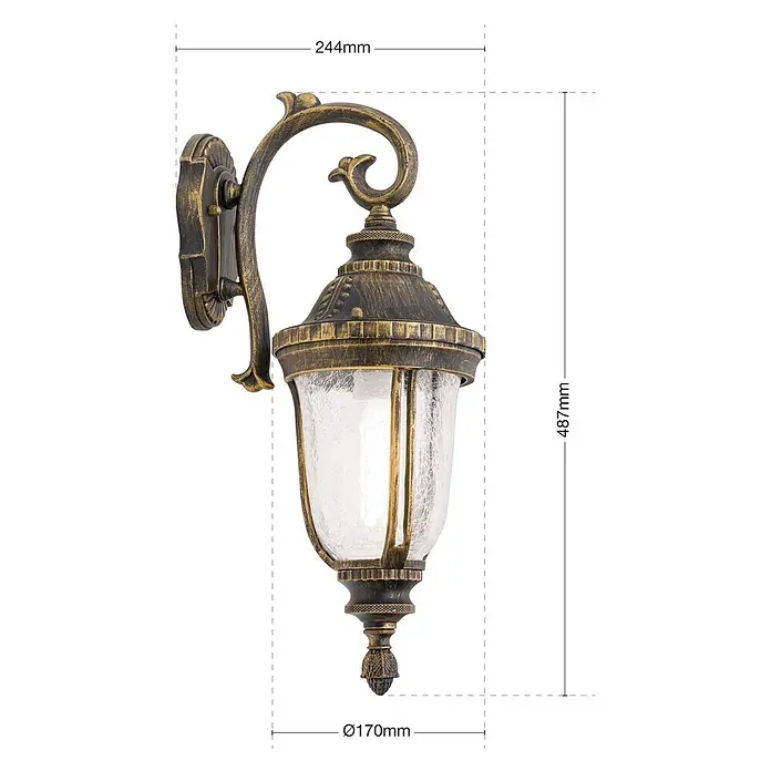 Orion Leuchten Außenwandleuchte - 24,4 x 17 x 48,7 cm, IP23 - Antikgoldene Wandlaterne für außen mit dekorativen Schnörkeln und Rissglas, Maße angegeben.