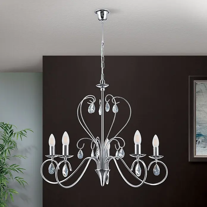 Orion Leuchten Kronleuchter - L x B x H: 68 x 68 x 58 cm, E14 - Chrom-Kronleuchter mit verzierten, geschwungenen Armen und Kristalltropfen, 5 kerzenförmige Lichter, hängt von der Decke.
