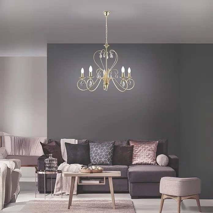 Orion Leuchten Kronleuchter - L x B x H: 68 x 68 x 58 cm, E14 - Goldener Kronleuchter mit fünf Lichtern und Kristallakzenten, der ein modernes Wohnzimmer erhellt.
