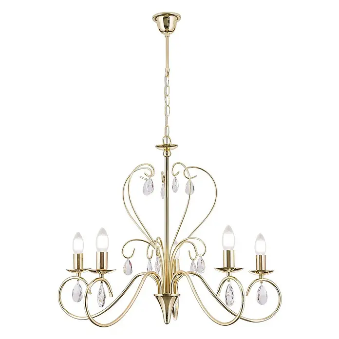 Orion Leuchten Kronleuchter - L x B x H: 68 x 68 x 58 cm, E14 - Goldener Kronleuchter mit fünf Kerzenlichtern und dekorativen Kristalltropfen.