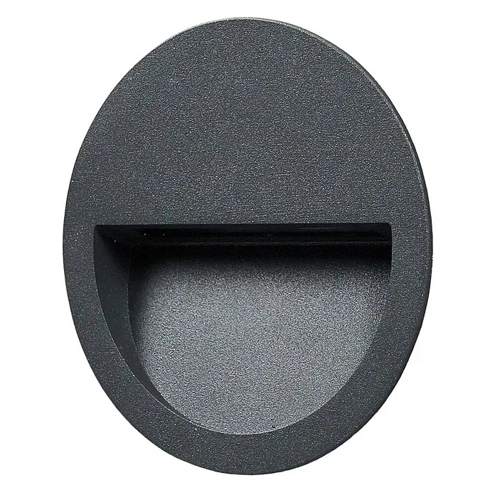 Lucande Außenwandleuchte Loya - 11,5 x 11,5 x 5,5 cm, schwarz, schwarz, IP54 - Runde, dunkelgraue, granuläre Einbau-Treppenleuchte mit horizontalem Lichtschlitz.