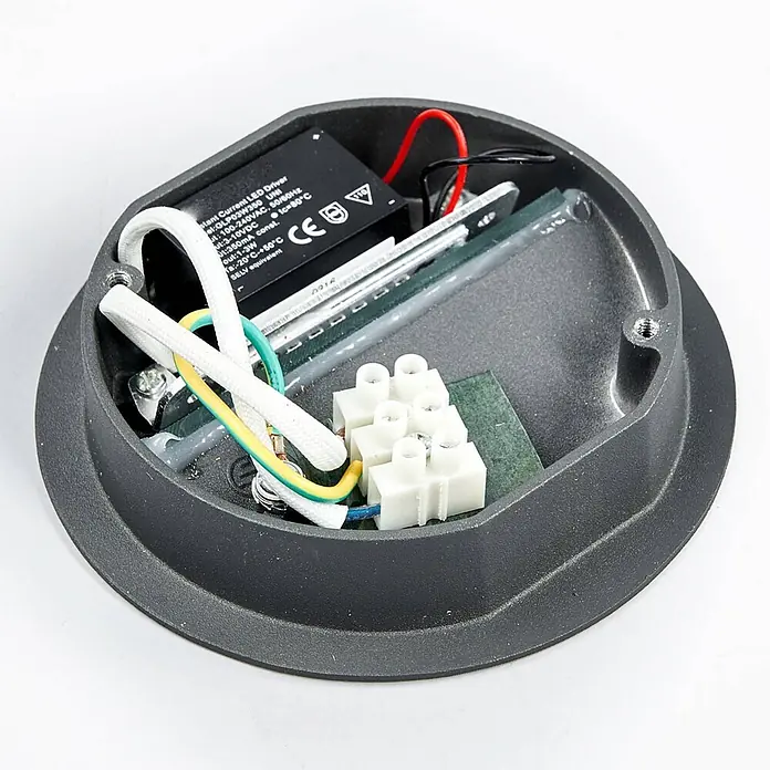 Lucande Außenwandleuchte Loya - 11,5 x 11,5 x 5,5 cm, schwarz, schwarz, IP54 - Offener dunkelgrauer LED-Leuchtenfuß mit internem LED-Treiber, Klemmenblock und Verkabelung.