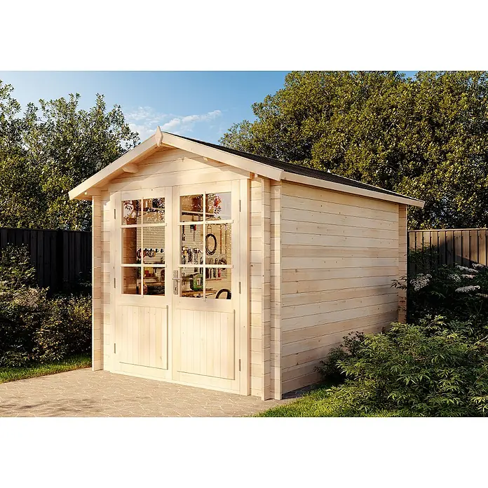 Alpholz Gerätehaus Bremen B - Außenbreite inkl. Dachüberstand: 270 cm, Außentiefe inkl. Dachüberstand: 340 cm, Holz, Naturbelassen - Gartenhaus aus hellem Holz mit Glastüren, innen Werkzeuge sichtbar.