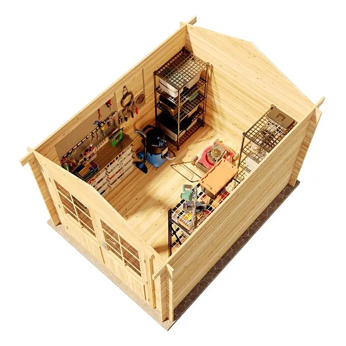 Alpholz Gerätehaus Bremen B - Außenbreite inkl. Dachüberstand: 270 cm, Außentiefe inkl. Dachüberstand: 340 cm, Holz, Pinie - Heller Holzschuppen-Innenraum als funktionale Werkstatt mit Werkzeugen an Lochwand, Werkbank, Regalen und Gartengeräten.