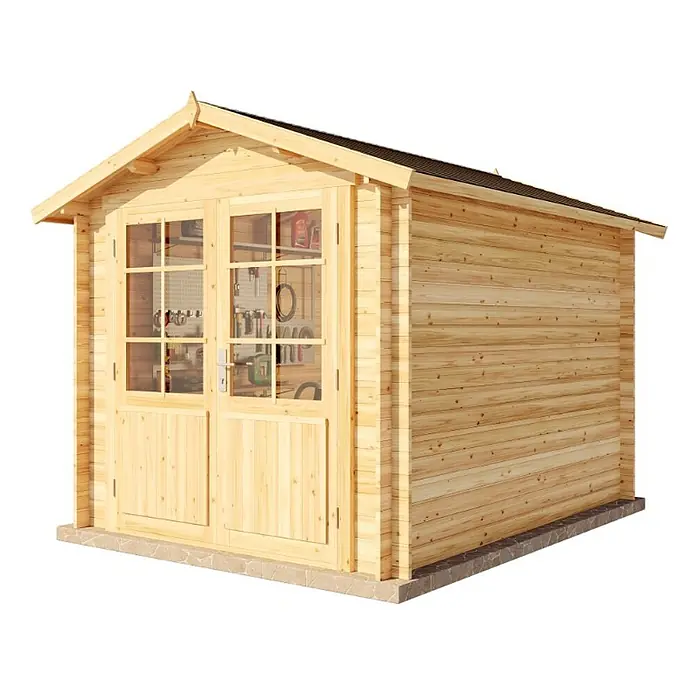 Alpholz Gerätehaus Bremen B - Außenbreite inkl. Dachüberstand: 270 cm, Außentiefe inkl. Dachüberstand: 340 cm, Holz, Pinie - Geräteschuppen aus hellem Holz mit Doppeltür, Glasfenstern und Werkzeugen im Inneren. Mit Spitzdach und Steinfundament.