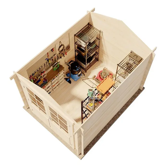 Alpholz Gerätehaus Bremen B - Außenbreite inkl. Dachüberstand: 270 cm, Außentiefe inkl. Dachüberstand: 340 cm, Holz, Naturbelassen - Detailliertes Miniatur-Holzschuppen-Interieur, als Werkstatt mit Werkzeugen, Regalen und Rasenmäher eingerichtet.
