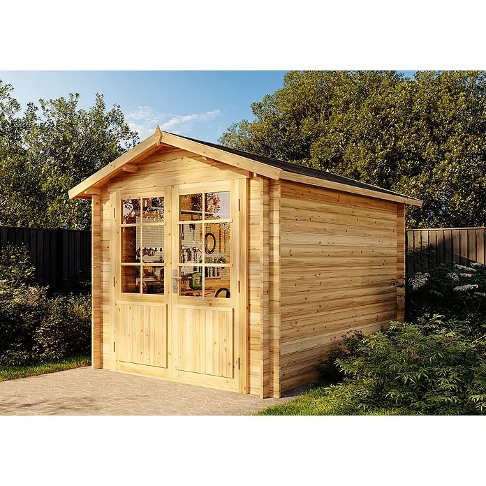 Alpholz Gerätehaus Bremen B - Außenbreite inkl. Dachüberstand: 270 cm, Außentiefe inkl. Dachüberstand: 340 cm, Holz, Pinie - Heller Holzschuppen mit doppelten Glastüren und schwarzem Dach, auf gepflastertem Grund im Grünen gelegen.