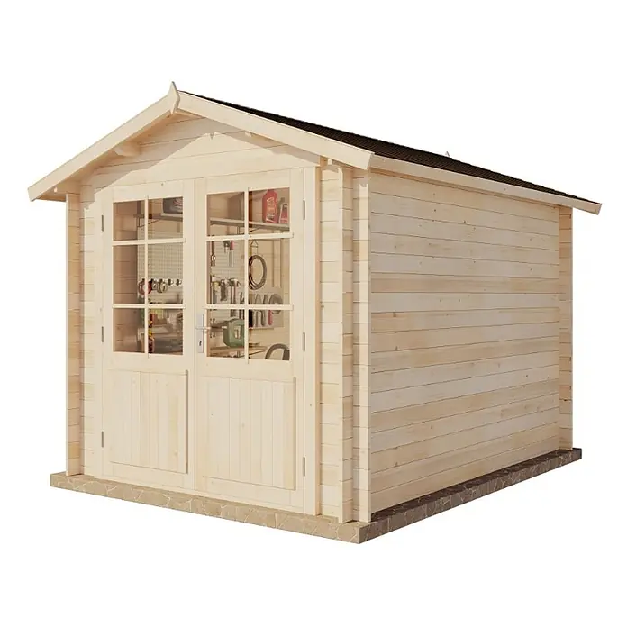 Alpholz Gerätehaus Bremen B - Außenbreite inkl. Dachüberstand: 270 cm, Außentiefe inkl. Dachüberstand: 340 cm, Holz, Naturbelassen - Gartenhaus aus hellem Holz mit Doppeltüren aus Glas, dunklem Dach und Steinsockel. Ideal für Werkzeuge und Lagerung.