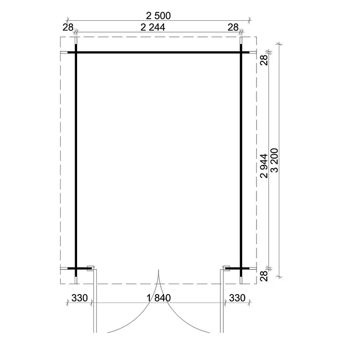 Alpholz Gerätehaus Bremen B - Außenbreite inkl. Dachüberstand: 270 cm, Außentiefe inkl. Dachüberstand: 340 cm, Holz, Pinie - Technischer Grundriss einer Holzhütte, mit Außenmaßen 2500x3200mm, Innenmaßen 2244x2944mm und 1840mm breiter Türöffnung.