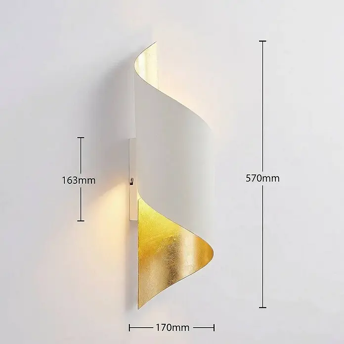 Lindby Wandleuchte Vanni - L x B x H: 17 x 15 x 52 cm, weiß / opal, E27 - Weiße und goldene gebogene LED-Wandleuchte, 570mm hoch, für warmes indirektes Licht.