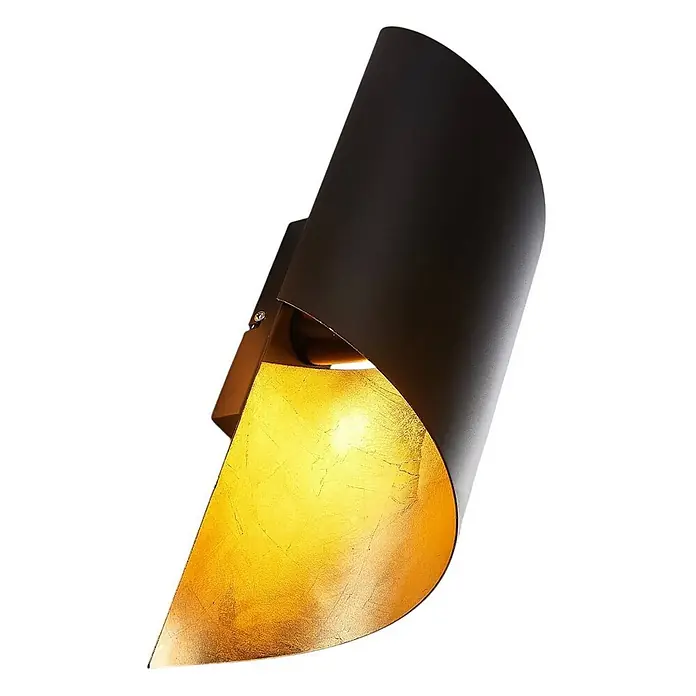 Lindby Wandleuchte Vanni - L x B x H: 17 x 14,5 x 57 cm, schwarz, E27 - Schwarze geschwungene Wandleuchte mit goldener Blätterinnenseite, die warmes Licht wirft.