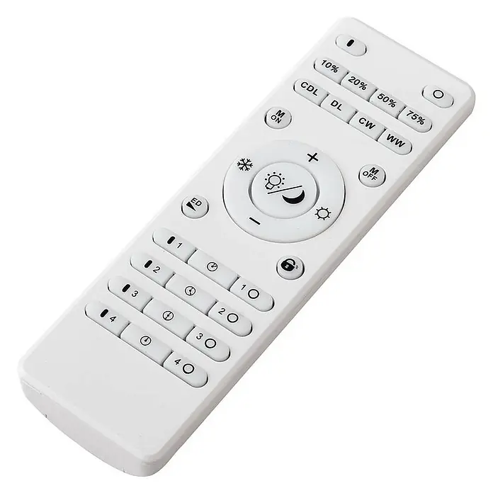 Lindby Deckenleuchte Rebeka - weiß / opal - Weiße Kunststoff-Fernbedienung für smarte Leuchten mit Dimm-, Farbtemperatur- und Szenenauswahlknöpfen.