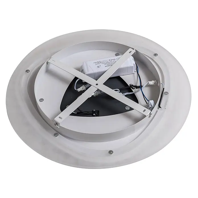 Lindby Deckenleuchte Rebeka - weiß / opal - Innenansicht einer weißen runden LED-Deckenleuchte mit LED-Treiber, Verkabelung und Montagehalterung.