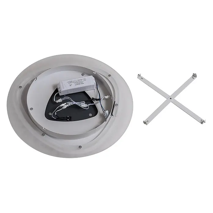 Lindby Deckenleuchte Rebeka - weiß / opal - Rückansicht einer weißen runden LED-Deckenleuchte mit internen Kabeln und Treiber, dazu eine separate kreuzförmige Montagehalterung.