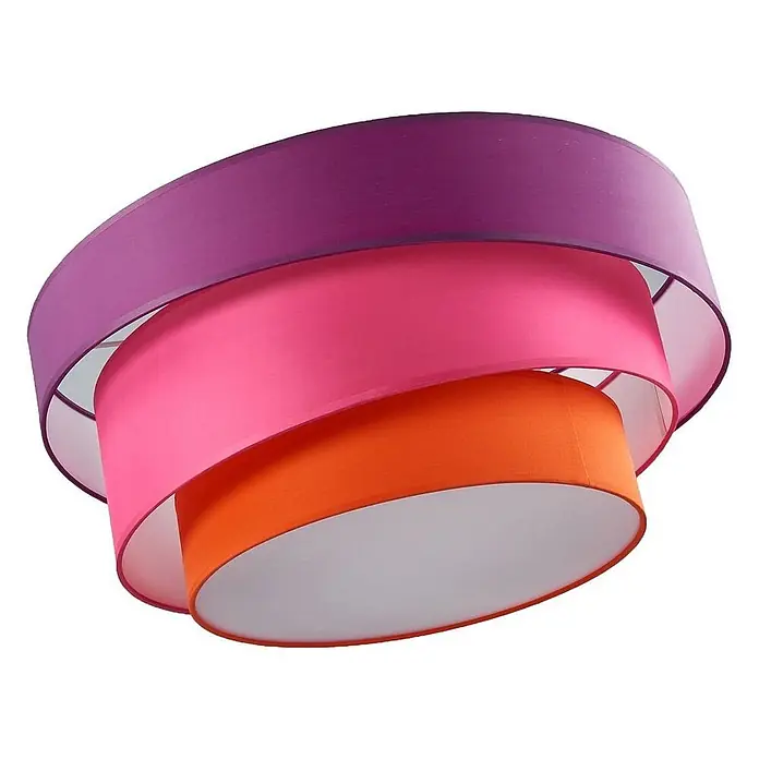 Lindby Deckenleuchte Melia - violett / pink / rose, E27 - Mehrschichtige Deckenleuchte mit überlappenden runden Stoffschirmen in Lila, Pink und Orange.