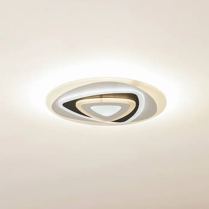 Lindby Deckenleuchte Rebeka - weiß / opal - Moderne, geschichtete Deckenleuchte mit weißen, grauen und schwarzen geometrischen Elementen, die warmes Licht abstrahlt.