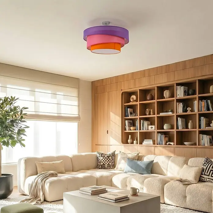 Lindby Deckenleuchte Melia - violett / pink / rose, E27 - Mehrstufige Deckenleuchte mit violetten, rosa und orangefarbenen Stoffschirmen in einem modernen Wohnzimmer.